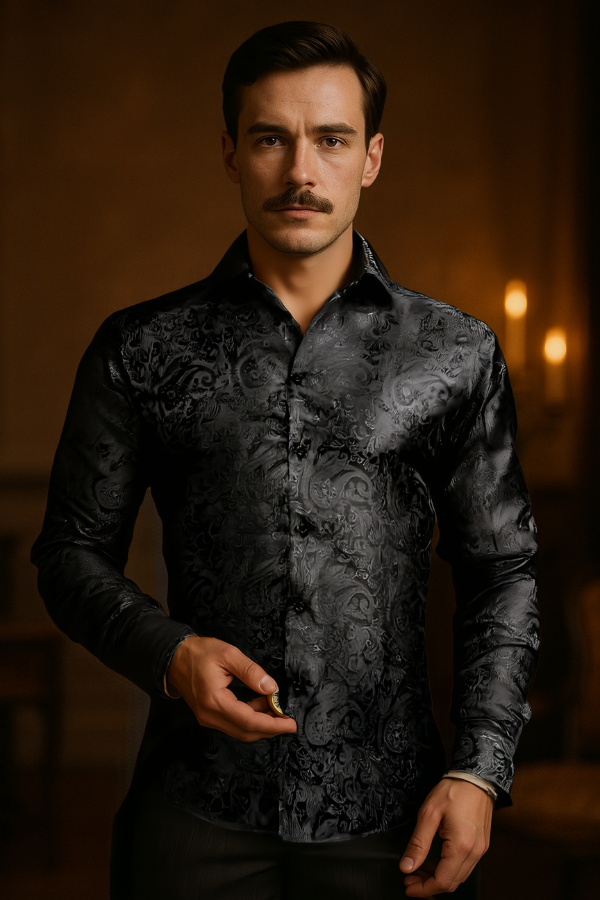 Man wearing a Steampunk Black Satin Shirt with Intricate Paisley Pattern, Gothic Victorian Style, in a dimly light room