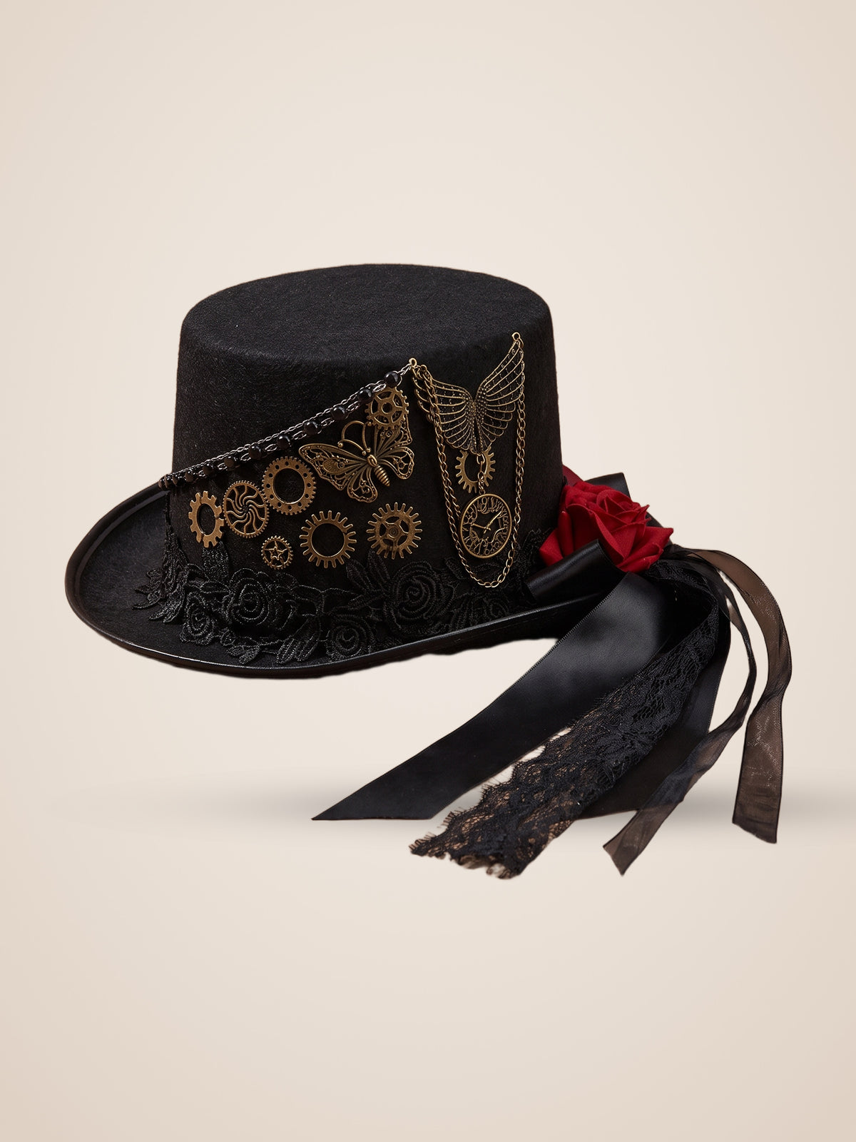 Gear Butterfly Rose Streamer Top Hat in Black, product photo, side view, right side, seen from above, picture 7