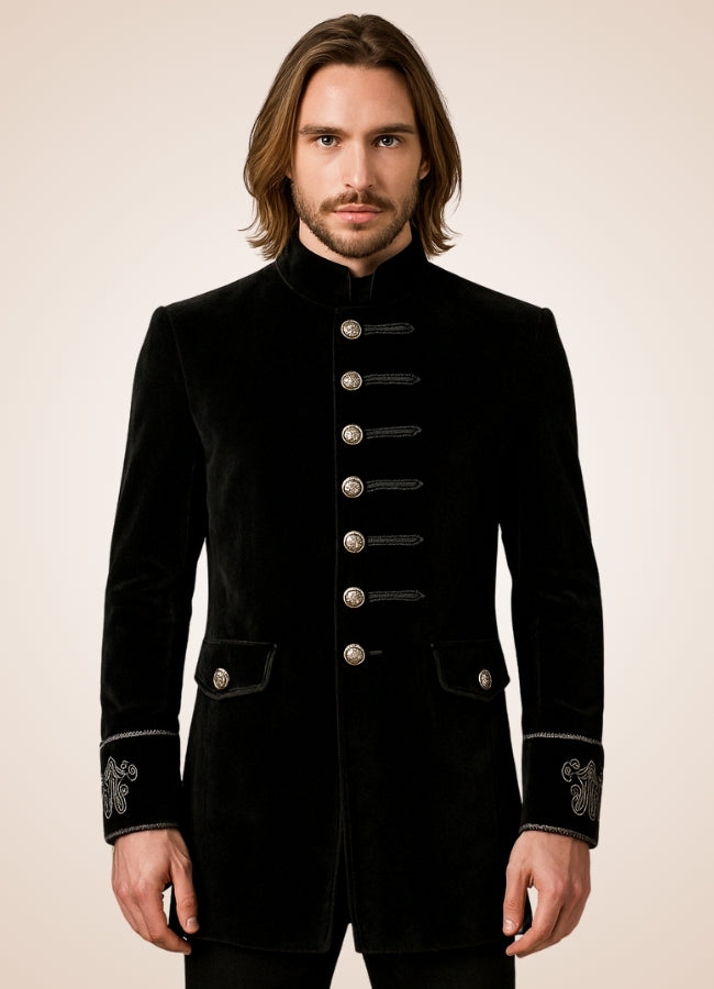 Flannel Steampunk Coat model standing front view