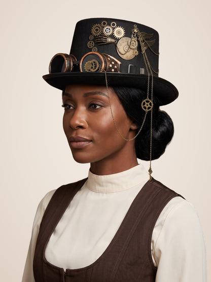 Riveted Copper Goggles Gear Top Hat in Black, worn by a model