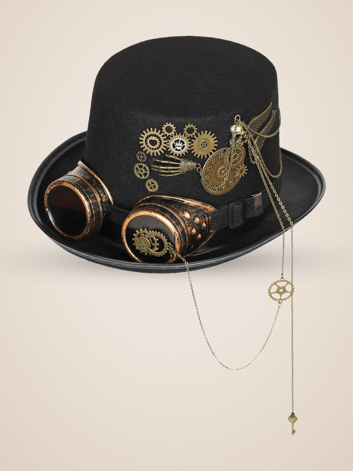 Riveted Copper Goggles Gear Top Hat in Black, product photo, three quarter view, front left