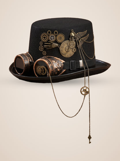 Riveted Copper Goggles Gear Top Hat in Black, product photo, three quarter view, back left