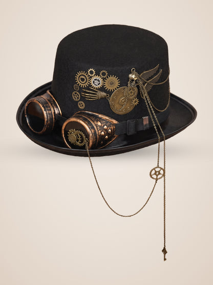 Riveted Copper Goggles Gear Top Hat in Black, product photo, three quarter view, front left, seen from above