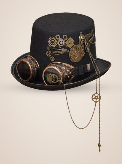 Riveted Copper Goggles Gear Top Hat in Black, product photo, front view
