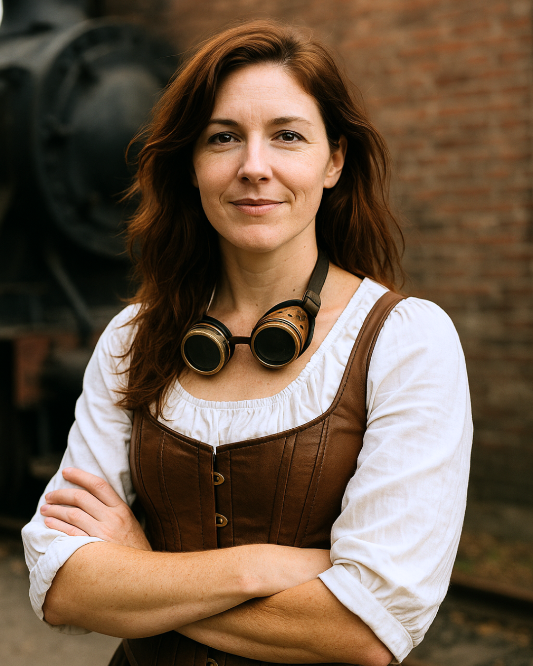 Portrait of Evelyn Gearhart, a female steampunk fashion writer from the USA, wearing a leather corset and brass goggles in front of a vintage locomotive.