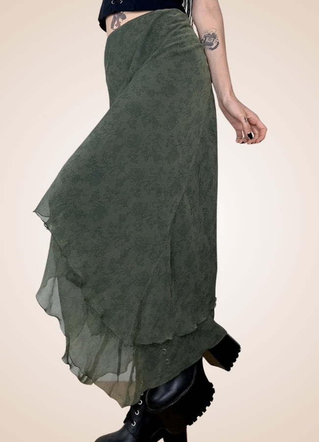 Gothic Floral Pattern Skirt Green / M gothic-floral-pattern-skirt-green