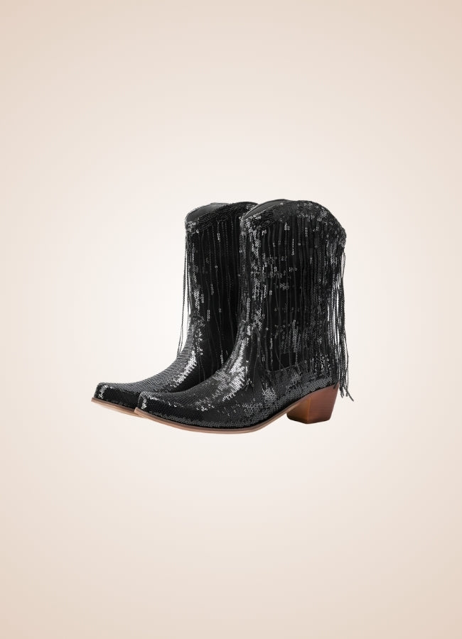 Sequin Fringe Western Cowboy Boots Black / 8.5 sequin-fringe-western-cowboy-boots-black