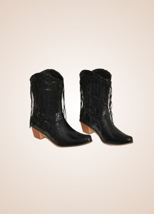 Sequin Fringe Western Cowboy Boots Black / 8.5 sequin-fringe-western-cowboy-boots-black