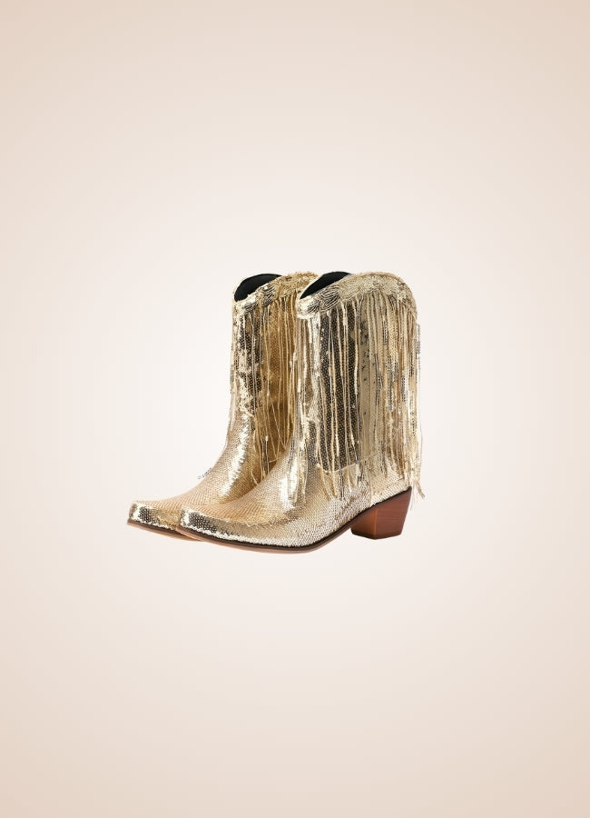 Sequin Fringe Western Cowboy Boots Gold / 8.5 sequin-fringe-western-cowboy-boots-gold