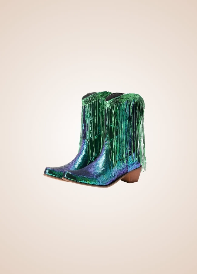 Sequin Fringe Western Cowboy Boots Green / 8.5 sequin-fringe-western-cowboy-boots-green