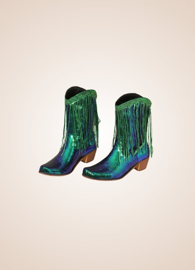 Sequin Fringe Western Cowboy Boots Green / 8.5 sequin-fringe-western-cowboy-boots-green