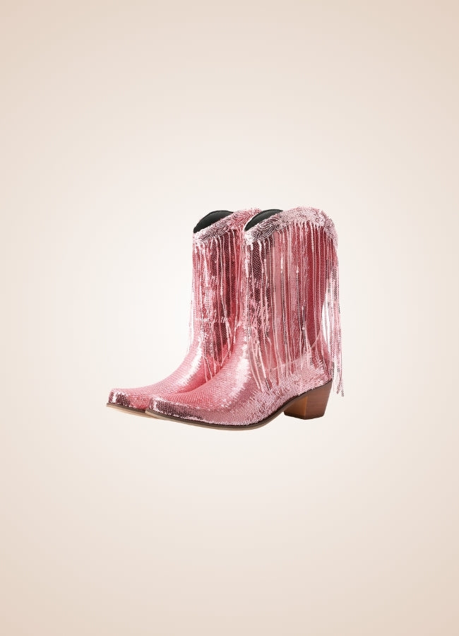 Sequin Fringe Western Cowboy Boots Pink / 8.5 sequin-fringe-western-cowboy-boots-pink