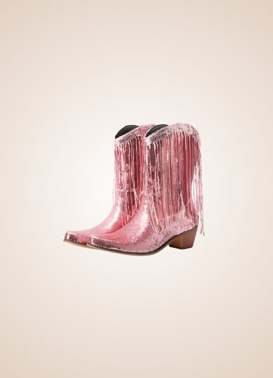 Sequin Fringe Western Cowboy Boots Pink / 8.5 sequin-fringe-western-cowboy-boots-pink