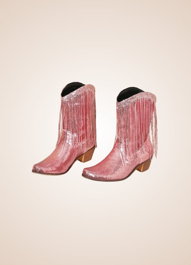 Sequin Fringe Western Cowboy Boots Pink / 8.5 sequin-fringe-western-cowboy-boots-pink