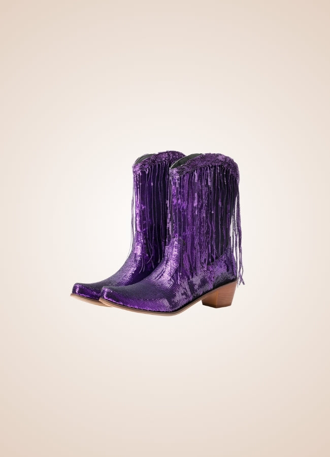 Sequin Fringe Western Cowboy Boots Purple / 8.5 sequin-fringe-western-cowboy-boots-purple