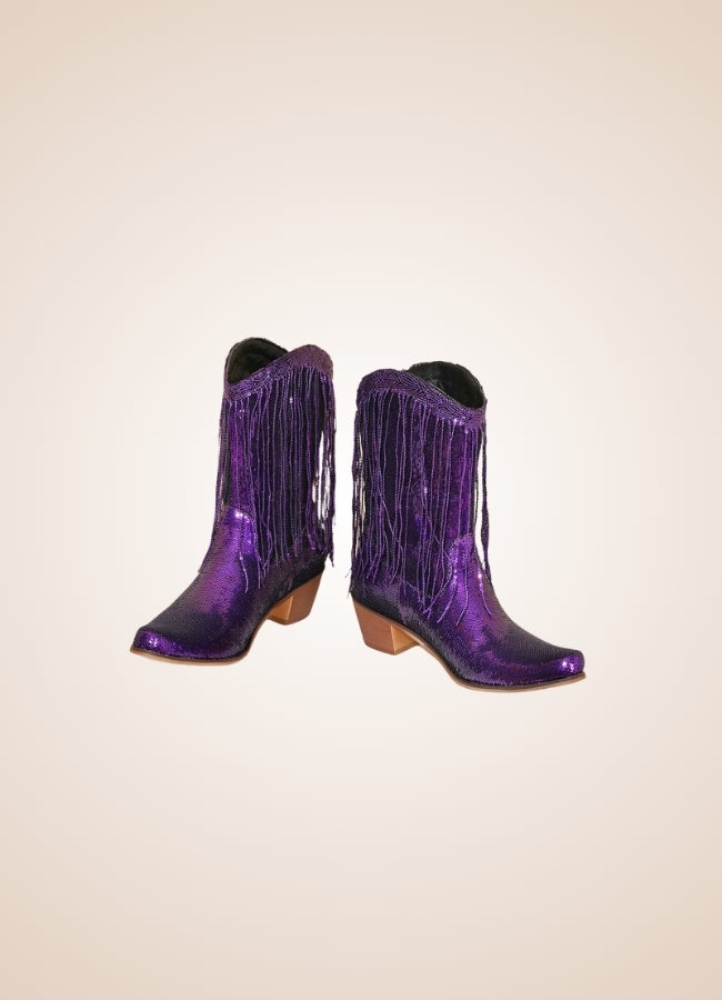 Sequin Fringe Western Cowboy Boots Purple / 8.5 sequin-fringe-western-cowboy-boots-purple
