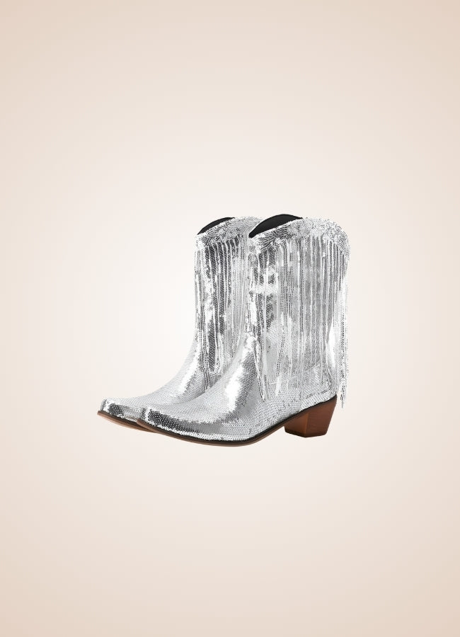 Sequin Fringe Western Cowboy Boots Silver / 8.5 sequin-fringe-western-cowboy-boots-silver