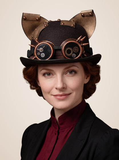 Spiked Copper Goggle Cat Ear Hat in Brown, worn by a model, front view, front, seen from above, picture 3