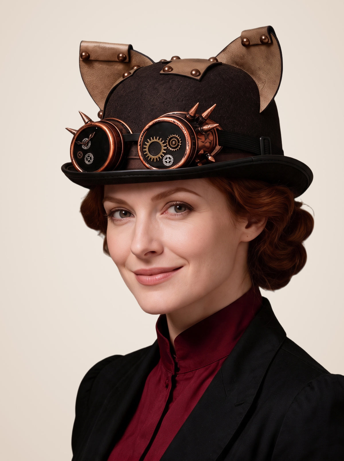 Spiked Copper Goggle Cat Ear Hat in Brown, worn by a model, front view, front, seen from above, picture 4