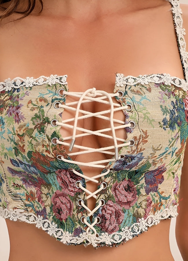 Steampunk Flower Pattern Bustier Beige Short / 2XL steampunk-flower-pattern-bustier-beige-short