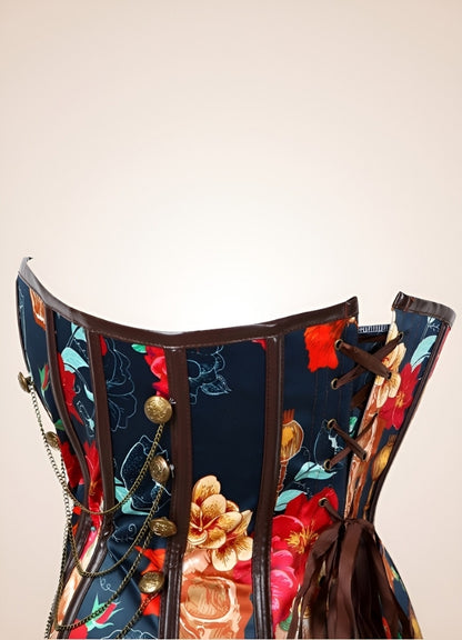 Steampunk Flower Print Corset Red Blue / XL steampunk-flower-print-corset-red-blue
