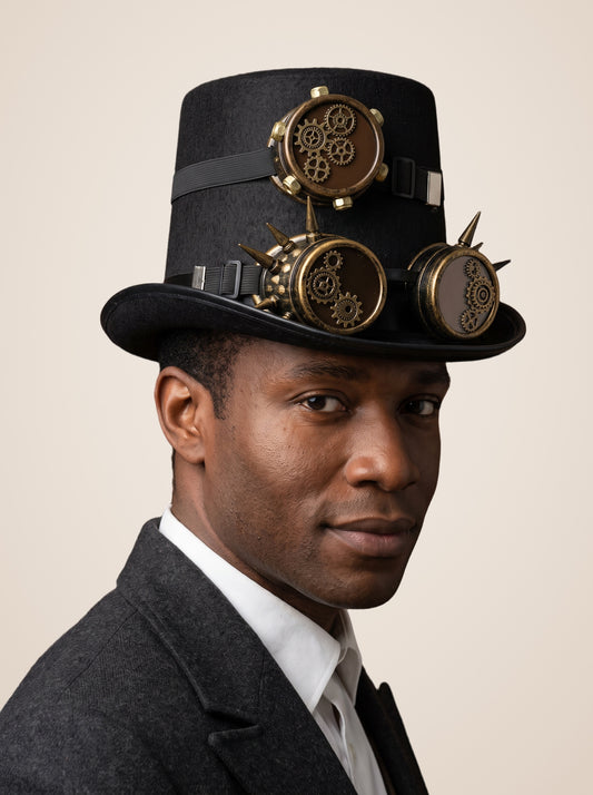 Triple Spiked Goggle Gear Flat Top Hat in Black, worn by a model