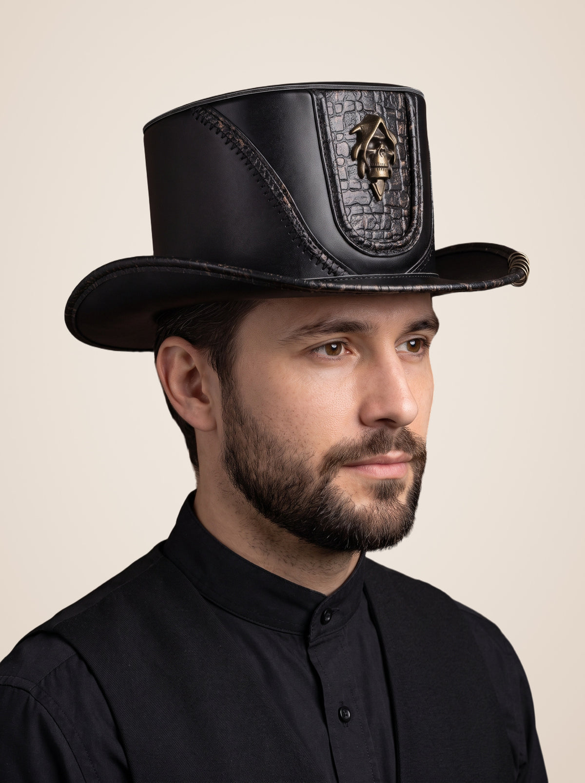 Winged Skull Medallion Croc Panel Top Hat in Black, worn by a model