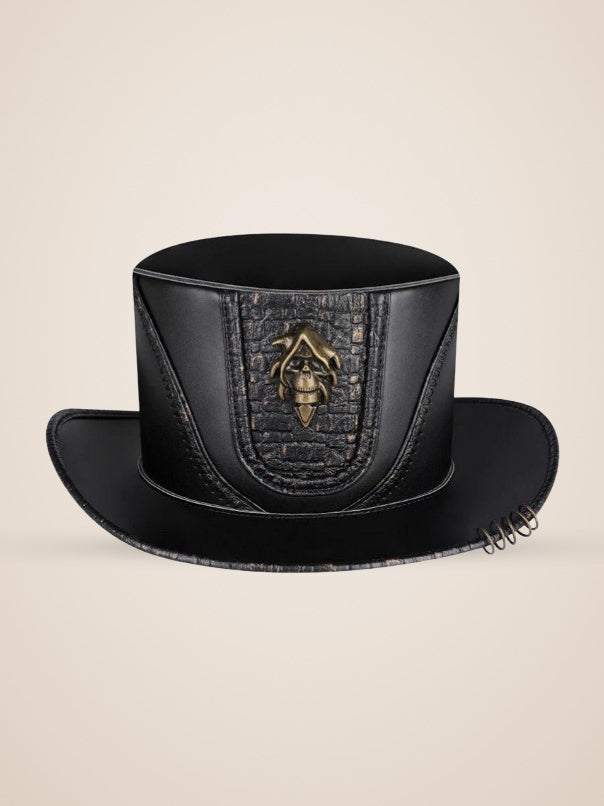 Winged Skull Medallion Croc Panel Top Hat in Black, product photo, front view