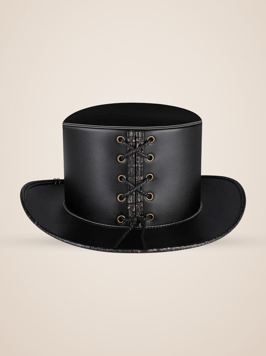 Winged Skull Medallion Croc Panel Top Hat in Black, product photo, back view
