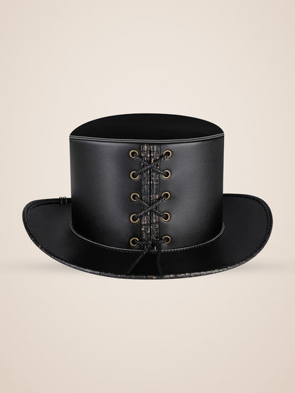 Winged Skull Medallion Croc Panel Top Hat in Black, product photo, back view
