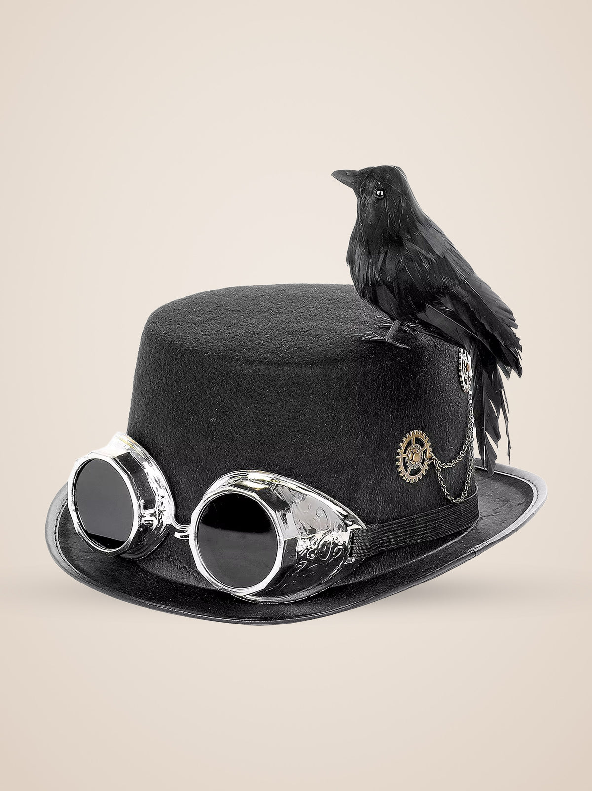 Perched Raven Silver Goggle Top Hat in Black, product photo, three quarter view, front left