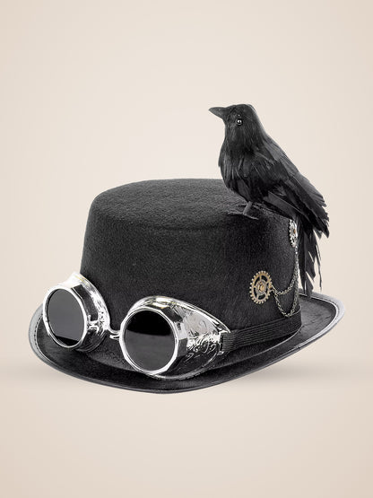 Perched Raven Silver Goggle Top Hat in Black, product photo, three quarter view, front left