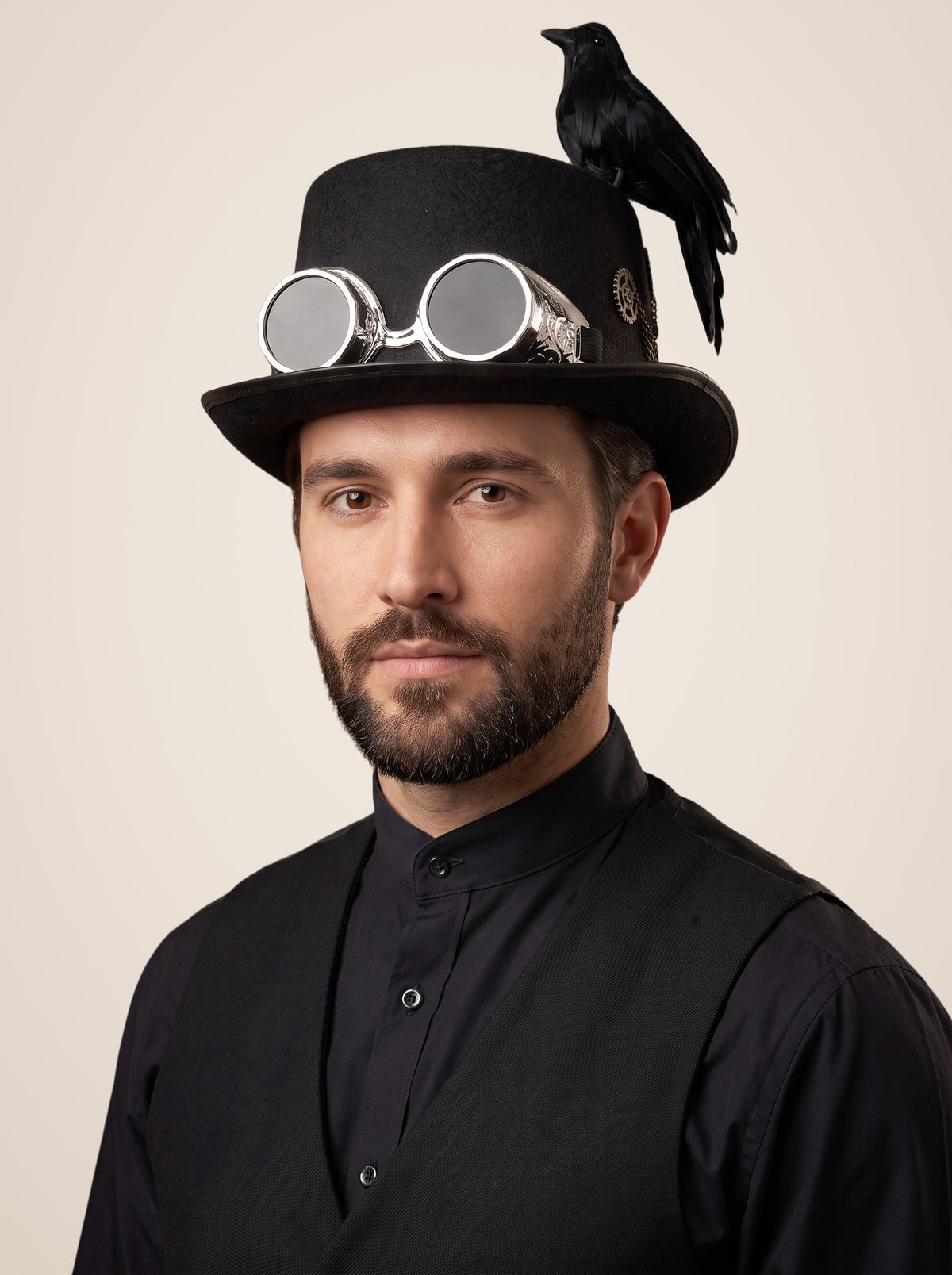 Perched Raven Silver Goggle Top Hat in Black, worn by a model, front view