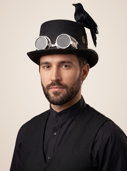 Perched Raven Silver Goggle Top Hat in Black, worn by a model, front view