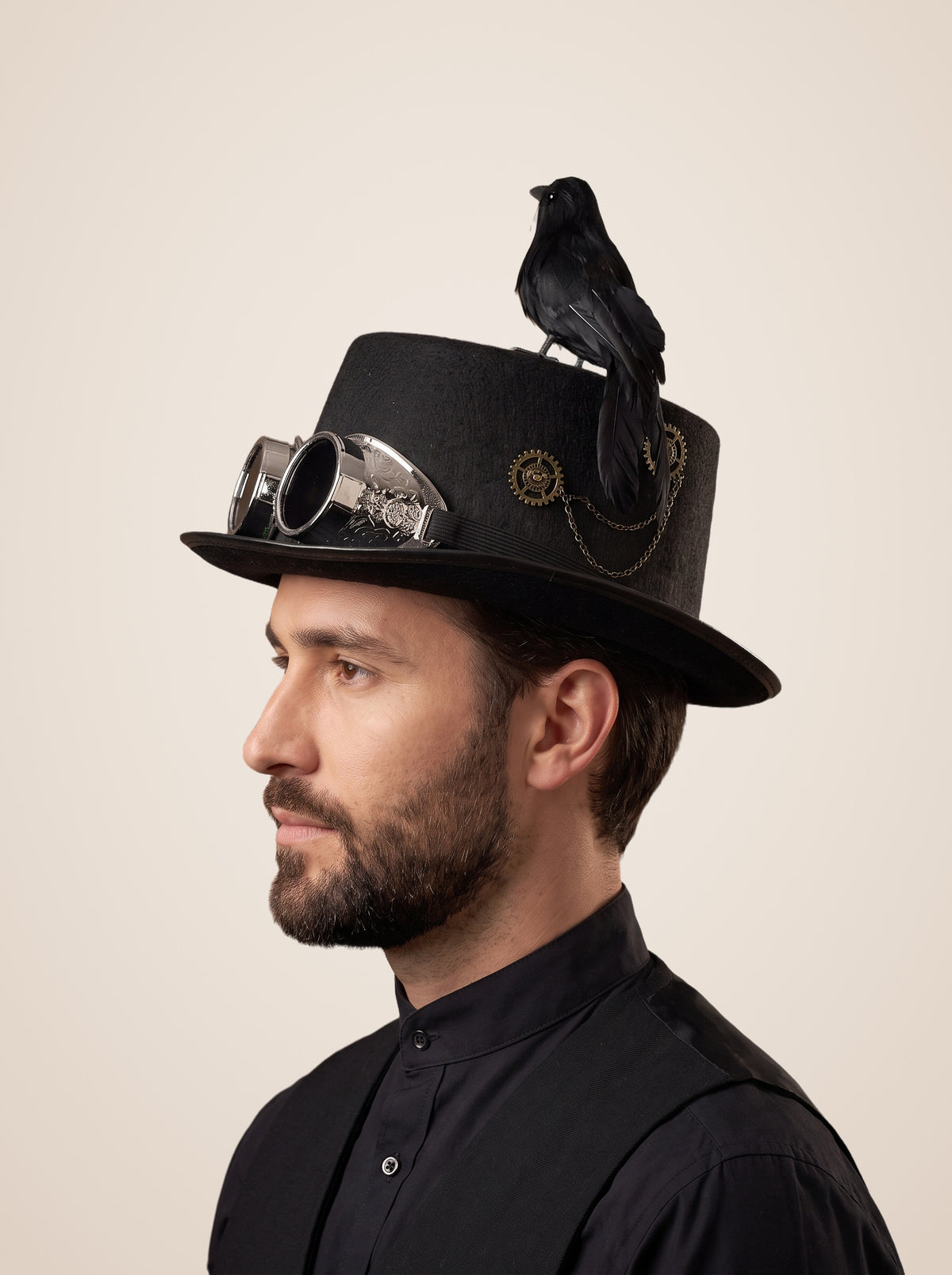 Perched Raven Silver Goggle Top Hat in Black, worn by a model, side profile