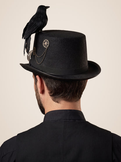 Perched Raven Silver Goggle Top Hat in Black, worn by a model, back view