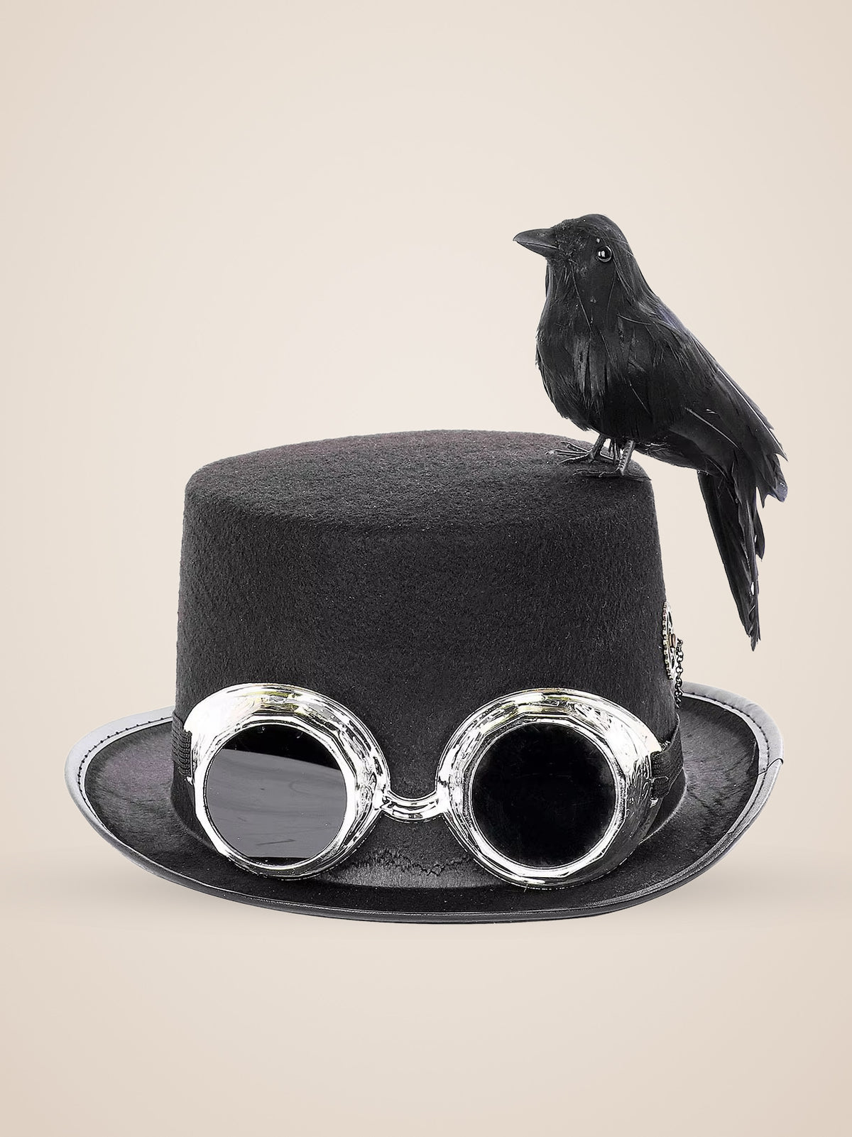 Perched Raven Silver Goggle Top Hat in Black, product photo, front view, front, seen from above, picture 7