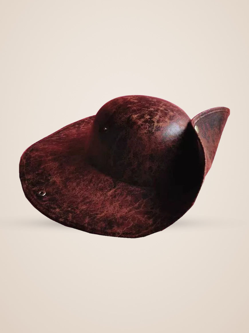 Brass Riveted Tricorn Pirate Hat in Brown, product photo, three quarter view, front left