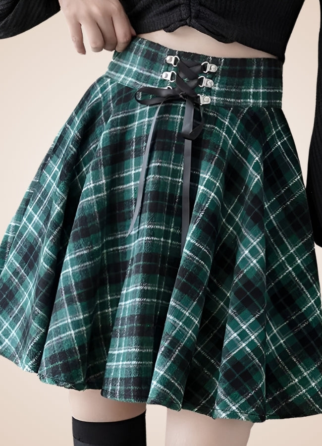Steampunk Plaid Skater Skirt Green / XL steampunk-plaid-skater-skirt-green