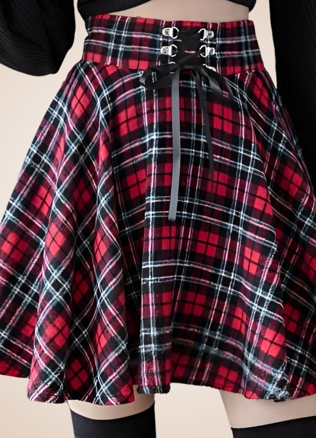 Steampunk Plaid Skater Skirt Red / XL steampunk-plaid-skater-skirt-red