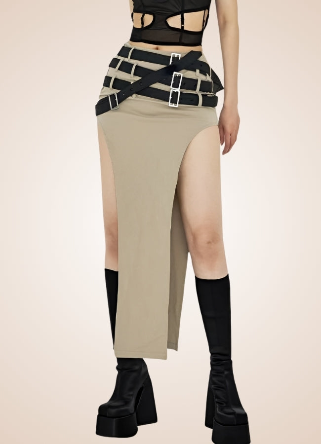 Steampunk Skirt With Belts Beige / M steampunk-skirt-with-belts-beige