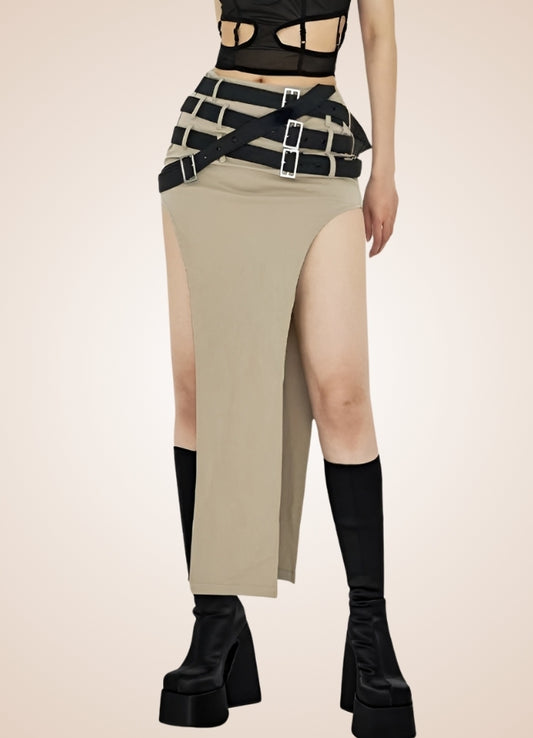 Steampunk Skirt With Belts Beige / M steampunk-skirt-with-belts-beige