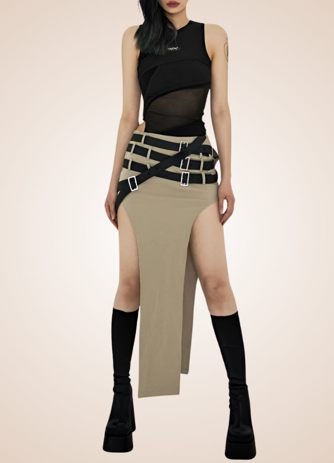 Steampunk Skirt With Belts Beige / M steampunk-skirt-with-belts-beige