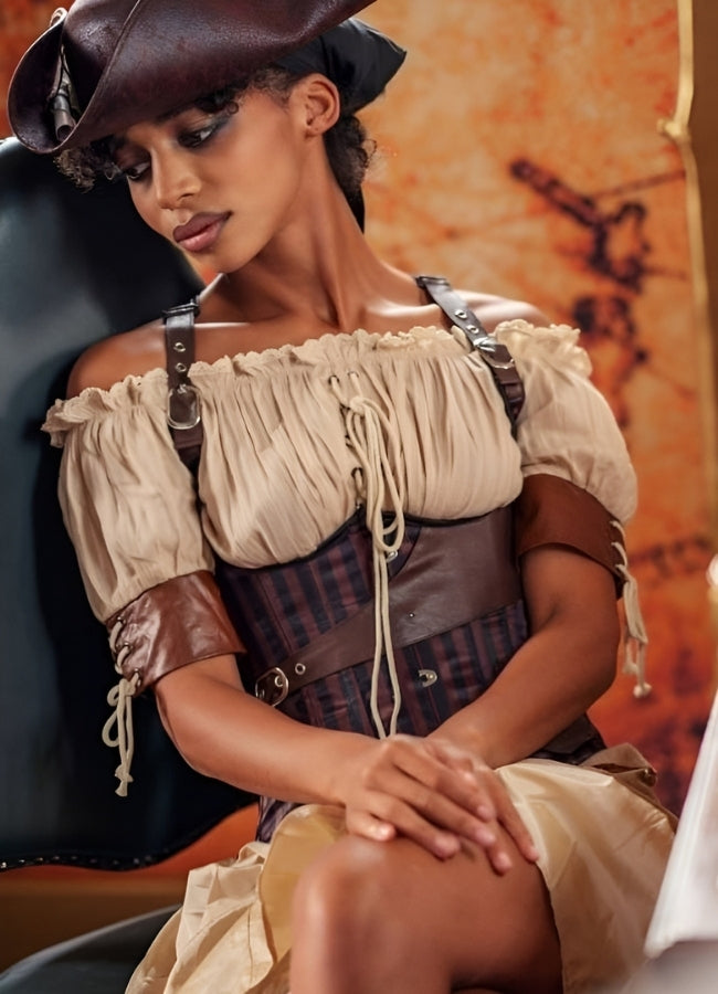 Steampunk Strips Pattern Corset Brown / 4XL steampunk-strips-pattern-corset-brown