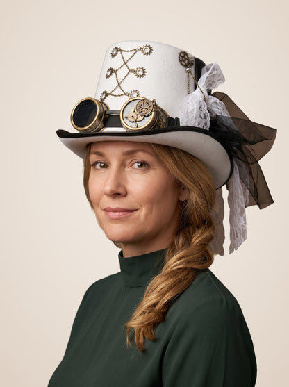 Chain Linked Gear Medallion White Top Hat in White, worn by a model
