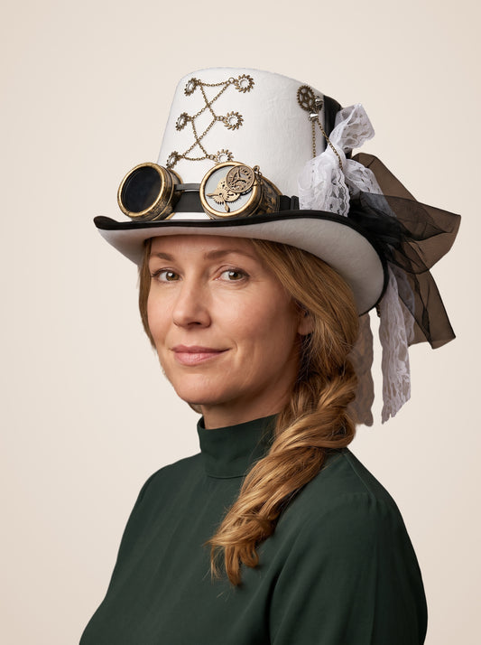 Chain Linked Gear Medallion White Top Hat in White, worn by a model