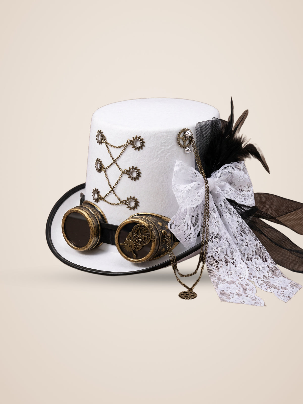 Chain Linked Gear Medallion White Top Hat in White, product photo, three quarter view, front left