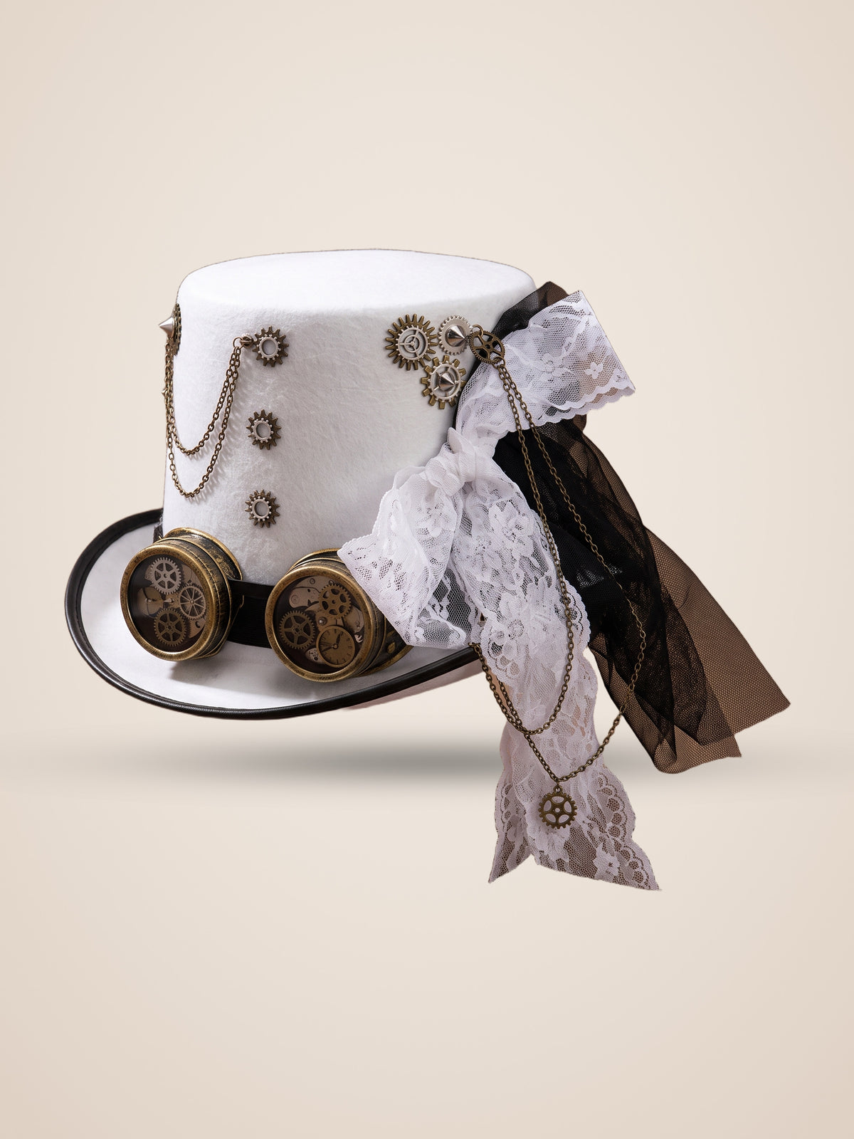 Chain Linked Gear Medallion White Top Hat in White, product photo, side view