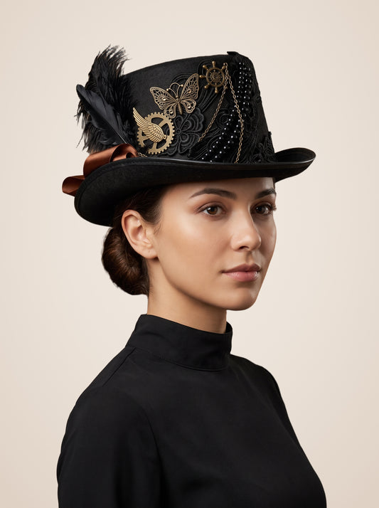Gold Butterfly Medallion Beaded Chain Top Hat in Black, worn by a model