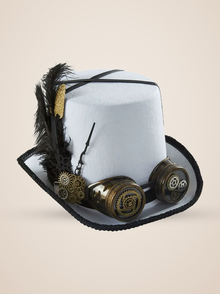 Feathered Gear Goggle White Top Hat in White, product photo, three quarter view, front right